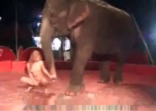 Nude blonde and an elephant