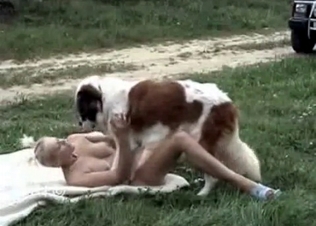 Nude chick and this playful doggy