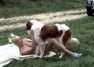 Nude chick and this playful doggy